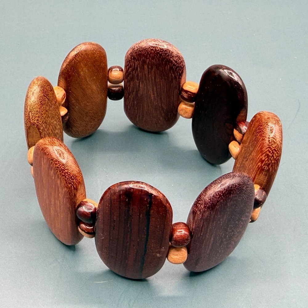 Chunky Wooden Stretch Bracelet Brown Oval Beads Boho Statement Vintage Jewelry